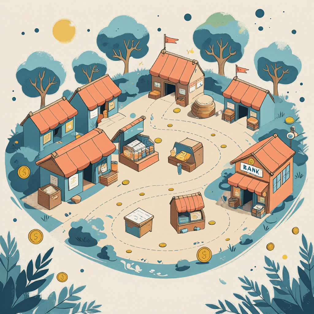 Illustrated map of Coco's World with little shops, trees, and gold coins