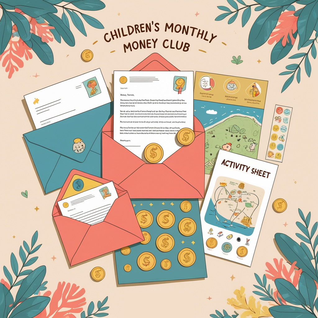 A flat-lay of Coco's monthly envelope: letter, coins, activity sheet, stickers and map